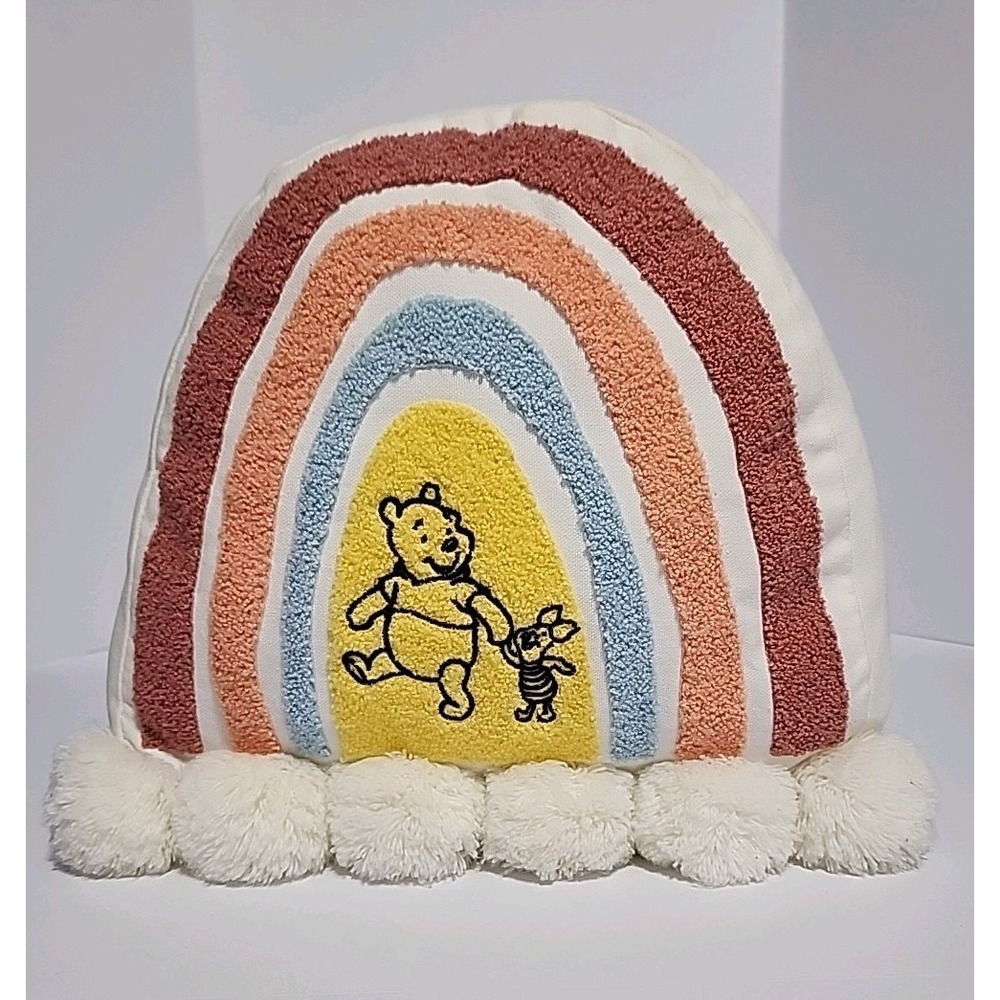 2021 Disney Parks Winnie The Pooh & Piglet Rainbow Pom Pom Throw Pillow Nursery